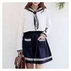 Set: Contrast-trim Top + Sailor-collar Sleeveless Dress