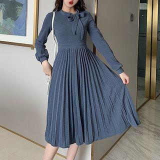 Tie-neck Glitter A-line Pleated Dress