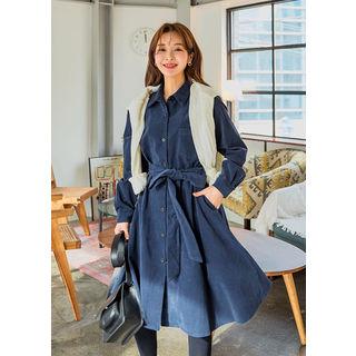 Tall Size Tie-waist Midi Corduroy Shirtdress
