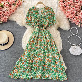V-neck Drawstring Floral Print Short-sleeve Maxi Dress