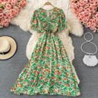 V-neck Drawstring Floral Print Short-sleeve Maxi Dress