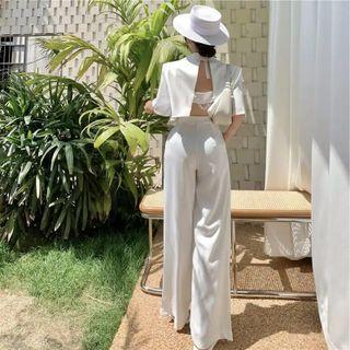 Elbow-sleeve Open-back Blazer / Sleeveless Wide-leg Jumpsuit / Set