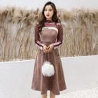 Set: Mock Turtleneck Long-sleeve Velvet Top + Spaghetti Strap Midi A-line Dress