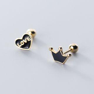 Non-matching 925 Sterling Silver Heart & Crown Earring S925 - 1 Pair - Silver - One Size