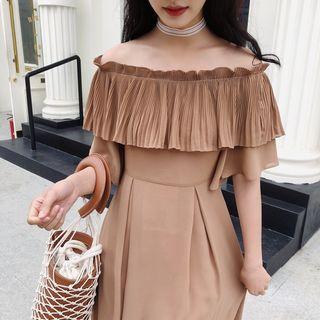 Ruffle Short-sleeve Off-shoulder Chiffon Midi Dress
