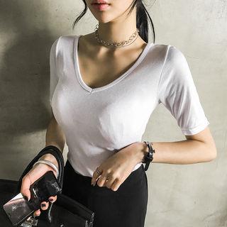 Deep V-neck Rib T-shirt