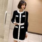Long-sleeve Contrast Trim Button-up Knit Mini Dress Black - One Size