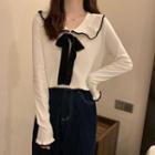 Contrast Trim Bow Long-sleeve Knit Top