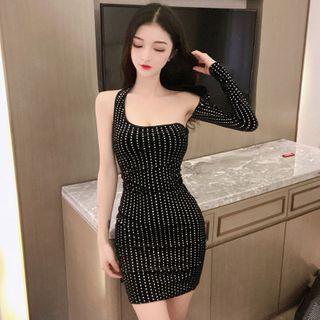 One-shoulder Dotted Mini Sheath Dress