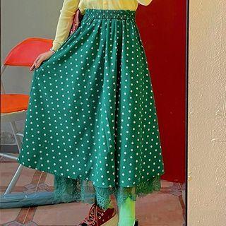 Dotted Midi A-line Skirt Dots - Dark Green - One Size