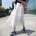 Lace-trim Pleated Long Tiered Skirt