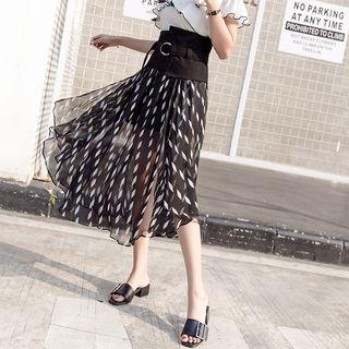 Chiffon Overlay Denim A-line Midi Skirt