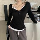 Long-sleeve Two-tone Mock Two-piece Slim-fit Top / Plain Joggers