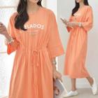 Over-the-elbow Sleeve Drawstring Long T-shirt Dress