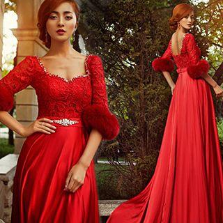 Furry Cuff Elbow Sleeve A-line Evening Gown