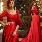 Furry Cuff Elbow Sleeve A-line Evening Gown