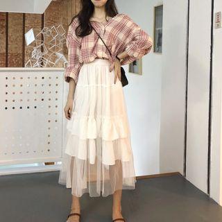 Plaid Blouse/ Mesh Midi Skirt
