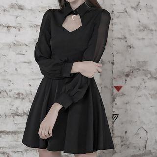 Puff-sleeve Keyhole A-line Dress