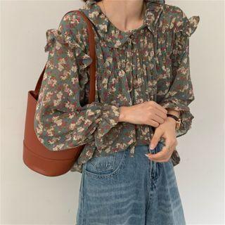 Long-sleeve Ruffled Floral Print Blouse Green - One Size