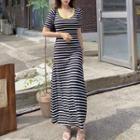Short-sleeve Striped Knit A-line Maxi Dress