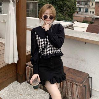 Mock Two-piece Houndstooth Blouse / Ruffle Mini Skirt / Shorts