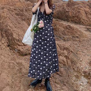 Short-sleeve V-neck Floral Wrapped Dress As Shown In Figure - One Size