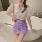 Peter-pan Collar Puff-sleeve Top / High-waist Skirt