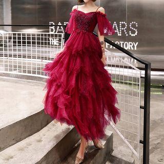 Cold Shoulder Rhinestone A-line Layered Evening Gown