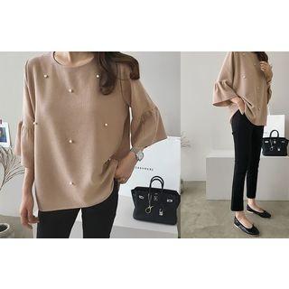 3/4-sleeve Frill-cuff Faux-pearl Embellished Top