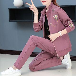 Set: Flower Embroidered Zip Jacket + Short-sleeve T-shirt + Straight-fit Pants