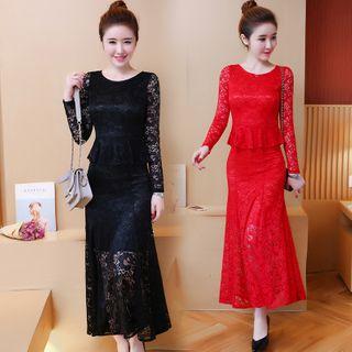 Long-sleeve Ruffle Hem Maxi A-line Lace Dress