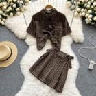 Set: Short-sleeve Ribbon Plaid Blouse + Mini A-line Skirt