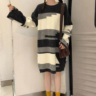 Color-block Long-sleeve Loose-fit Knit Dress Black & White - One Size