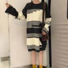 Color-block Long-sleeve Loose-fit Knit Dress Black & White - One Size