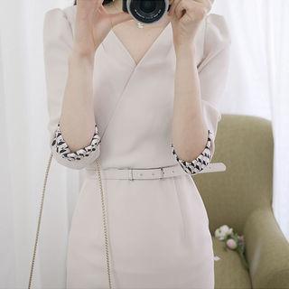 Patterned 3/4-sleeve Wrap-front Sheath Dress With Belt