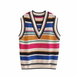 Striped Pointelle Knit Sweater Vest