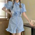 Short-sleeve Striped A-line Dress Stripe - Blue - One Size