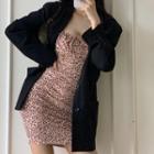One-shoulder Leopard Print Mini Bodycon Dress / Plain Blazer
