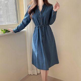 Drawcord-waist Denim Shirtdress Dark Blue - One Size