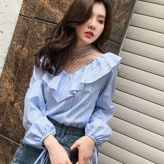 Mock Neck Striped Sheer Chiffon Blouse