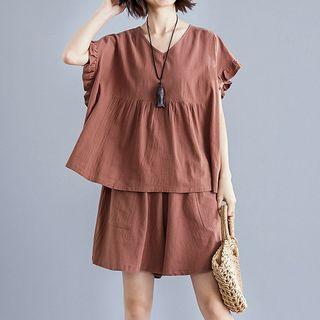 Set: Short-sleeve Frill Trim Tunic Top + Wide-leg Shorts
