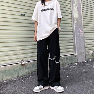Drawstring Waist Chain Accent Straight Leg Jeans