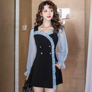 Set: Long-sleeve Mesh Trim Mini A-line Dress + Shorts