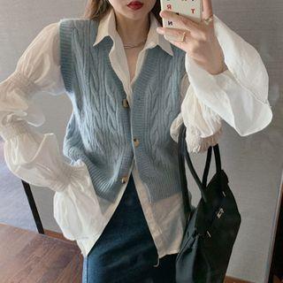 Puff-sleeve Shirred Shirt / Cable Knit Vest
