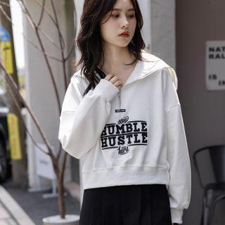 Lettering Embroidered Sailor Collar Half-zip Sweatshirt White - One Size
