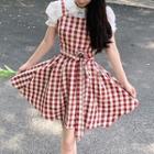 Mock Two-piece Puff-sleeve Gingham Dress