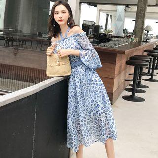 Cold-shoulder Leopard Print Midi A-line Dress