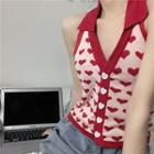 Halter-neck Heart Print Knit Top Heart Print - Red - One Size