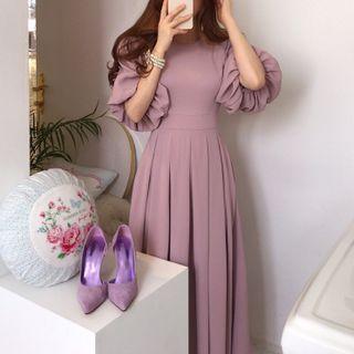 Puff-sleeve Pleated Maxi A-line Dress