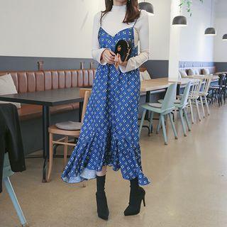 Spaghetti-strap Flounced Patterned Long Dress